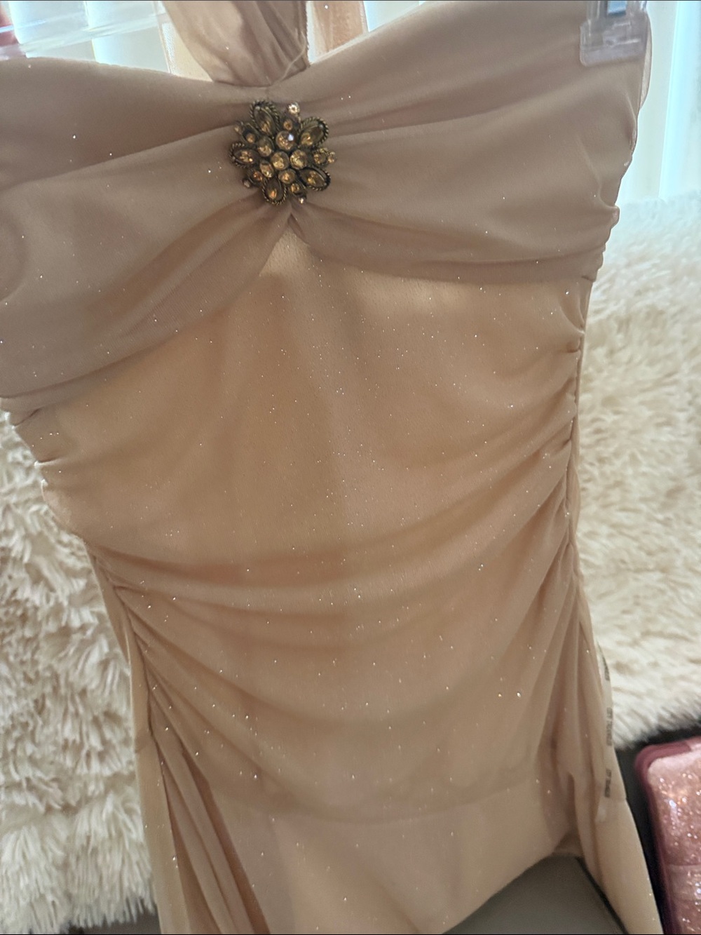 City Triangles Champagne Glitter Prom Dress with Embellished Brooch